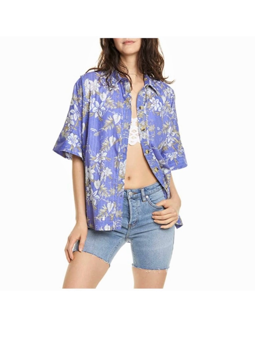 Free People Love Letters Purple Tropical Button Shirt Small